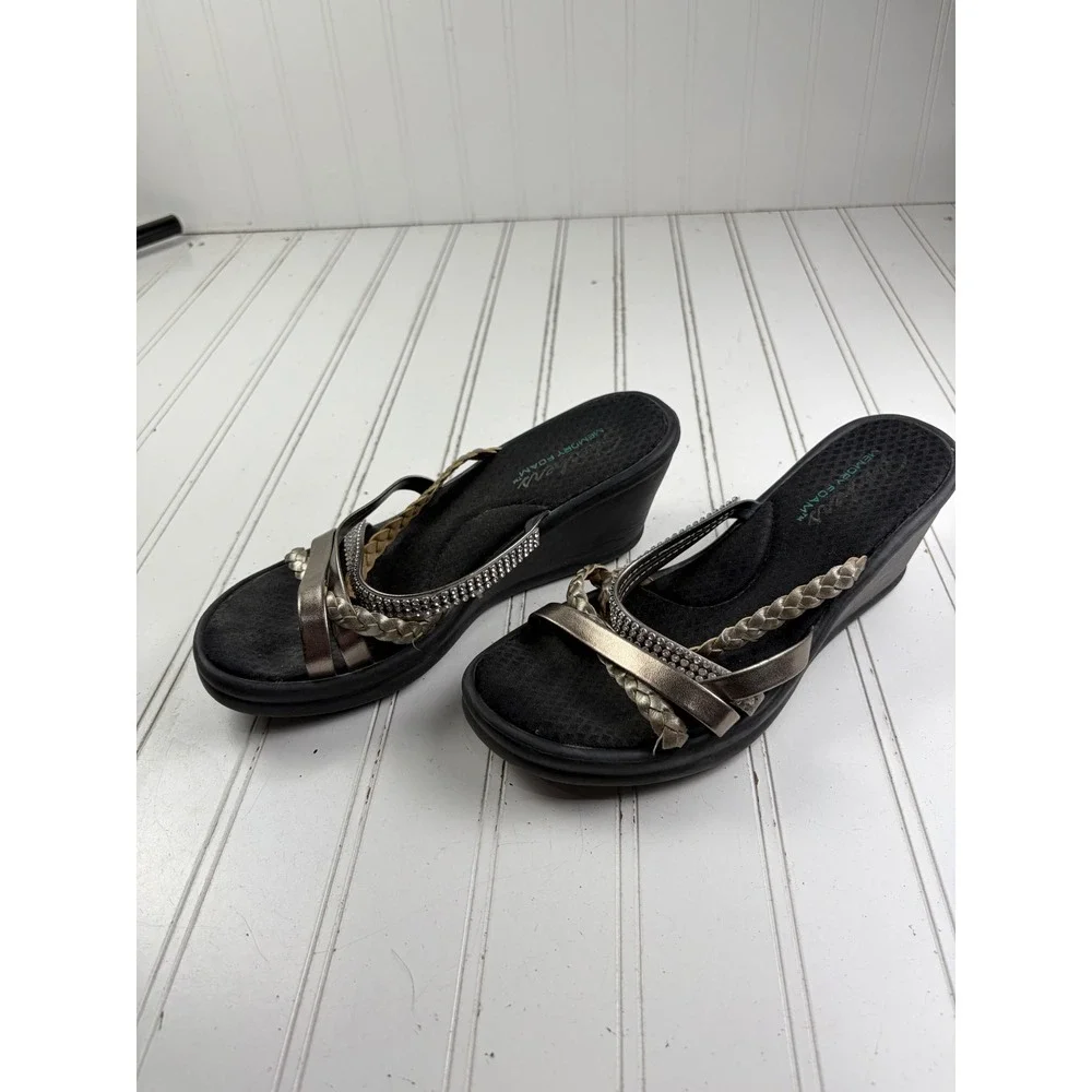 Skechers Rumblers Metallic Rhinestone Braided Black Wedge Sandals Womenns Size 7